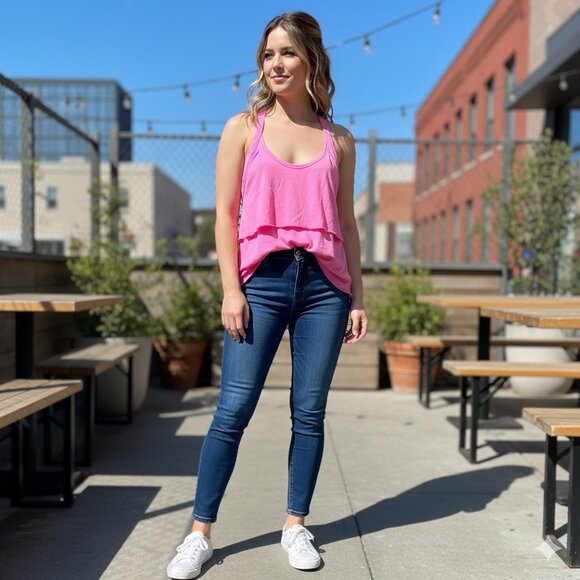 Aritzia Wilfred Tank Top Pink Cotton Knotted tie Racerback tiered ruffle Size XS - Picture 1 of 16